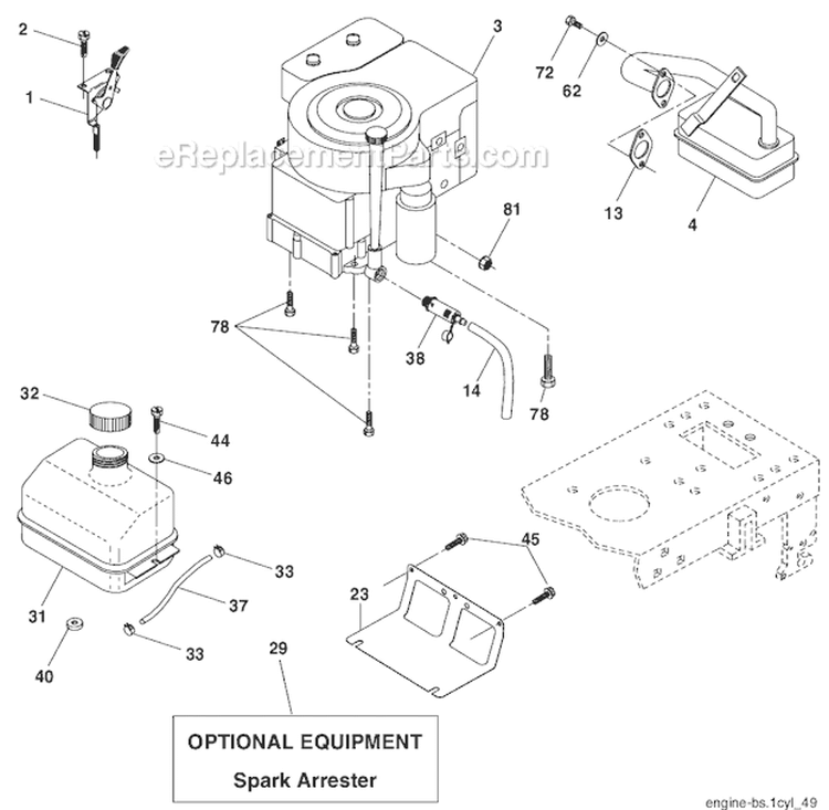 Tractor - Engine Diagram and Parts List for HD13538 96016000100 Weed Eater Lawn Tractor
